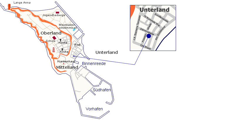 helgoland, halunder hüs, ferienwohnung, karte, unterland